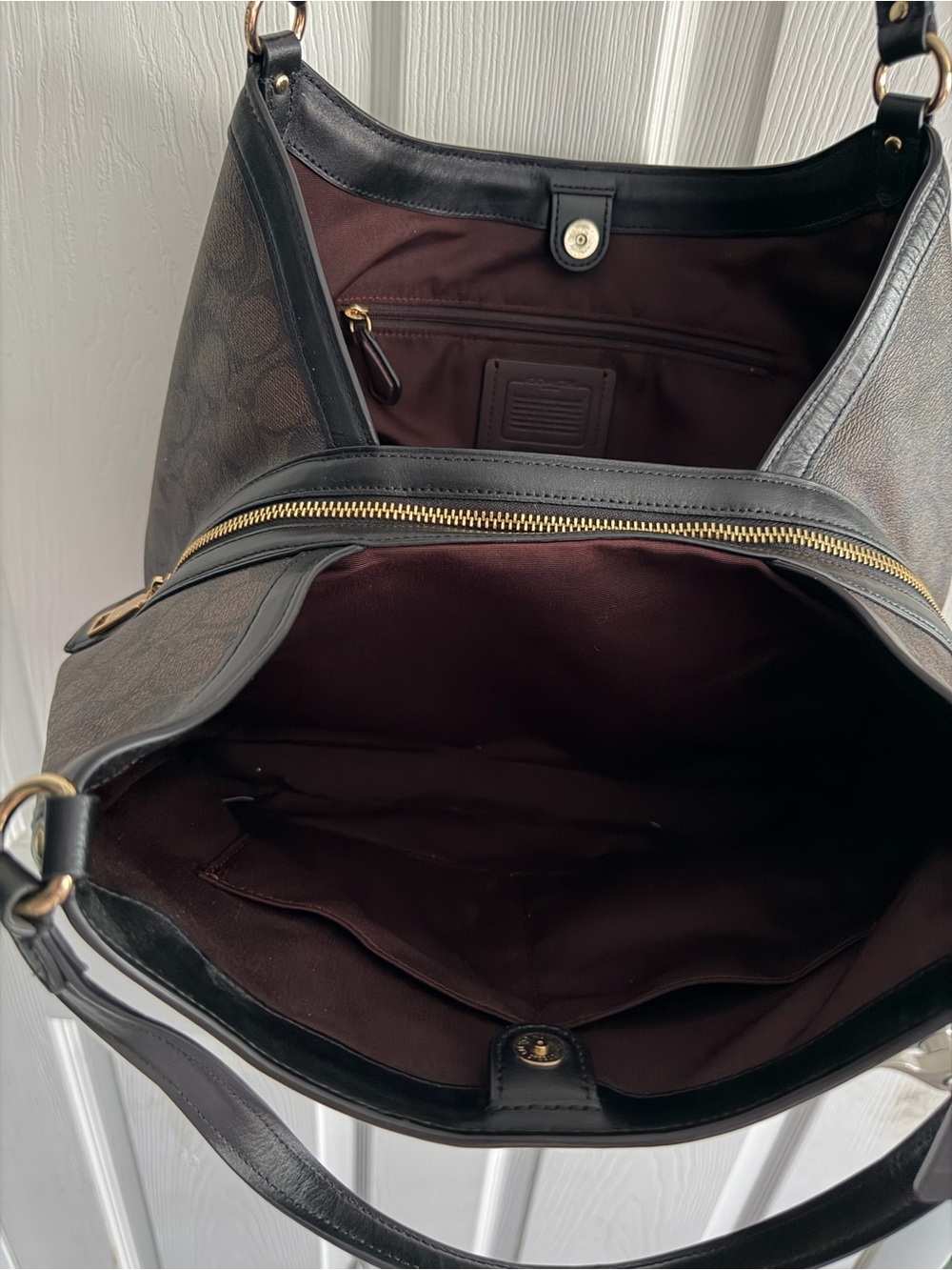 Coach Dark Brown Signature Canvas Shoulder Bag with Black Trim - Picture 11 of 16